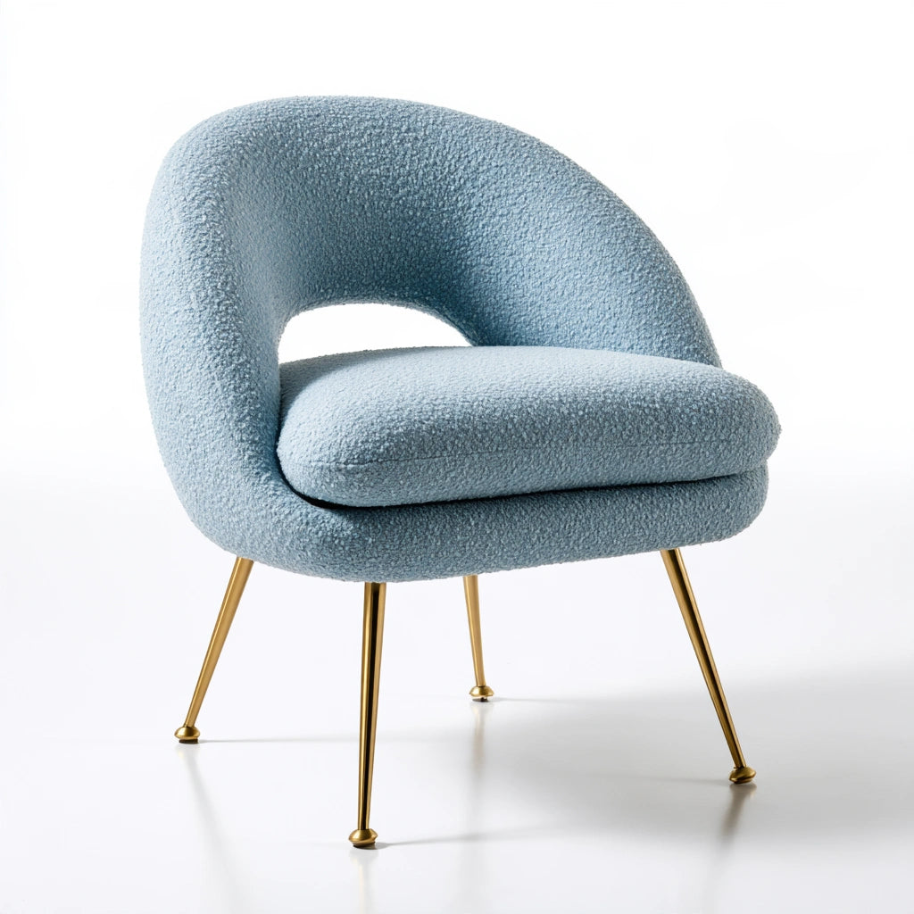 Sgabello imbottito da toeletta in tessuto bouclé, colore azzurro