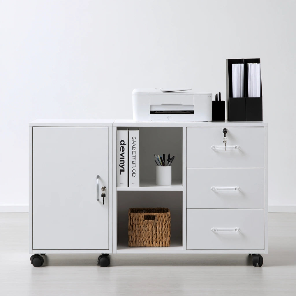 Mobile contenitore dalle linee essenziali su ruote, colore bianco