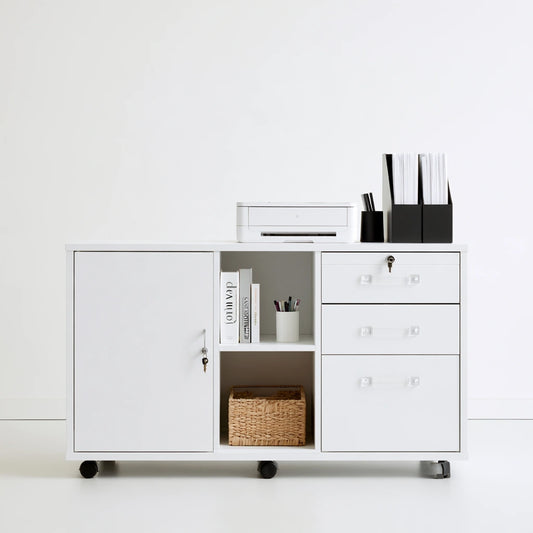 Mobile contenitore dalle linee essenziali su ruote, colore bianco
